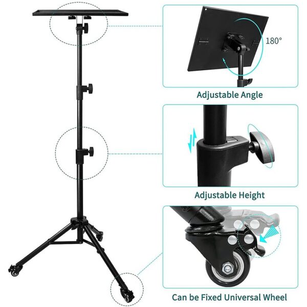 Universal Stand Tripod with Wheels for Projector and Laptop with Adjustable Tray and Phone Holder Black – H101B