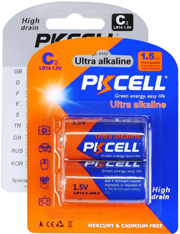 PKcell Size C Alkaline Battery 1.5 Volt Pack of 2 for Household Items, Electronic Products LR14 - C